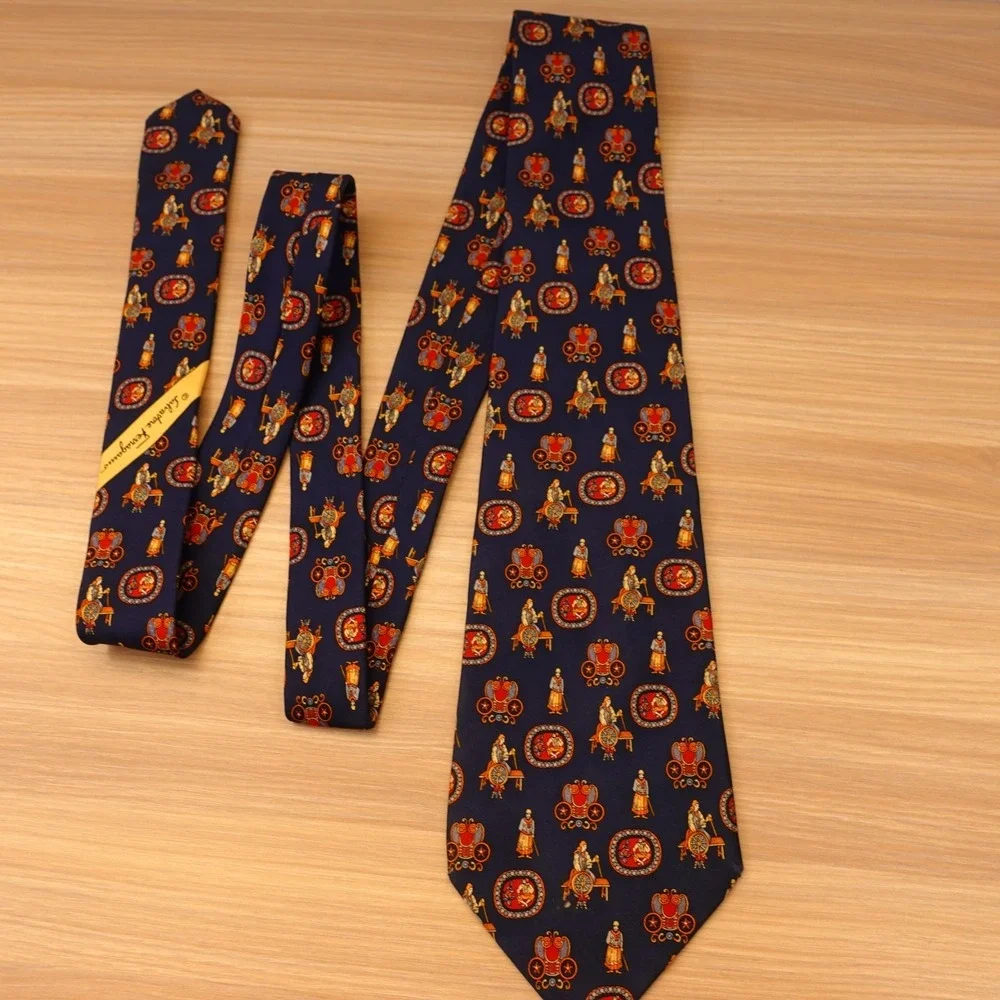 Salvatore Ferragamo Tie Mens Navy Blue Silk Twill Novelty Italian Luxury $240